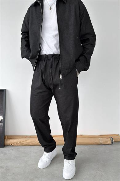 Siyah Beli Lastikli Dokulu Baggy Pantolon