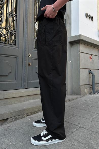 Siyah Beli Lastikli İp Detay Basic Paraşüt L1 CH Baggy Pantolon