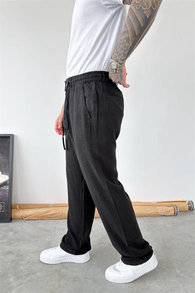 Siyah Beli Lastikli Keten Pantolon