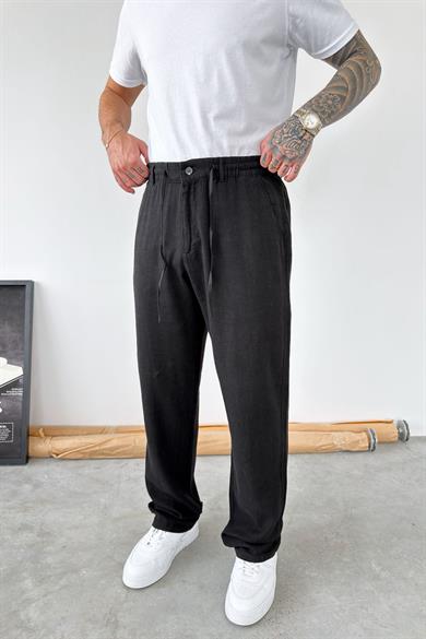 Siyah Beli Lastikli Keten Pantolon