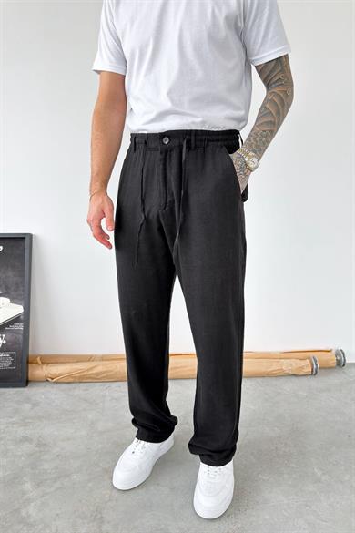 Siyah Beli Lastikli Keten Pantolon