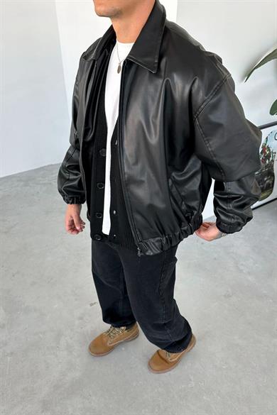 Siyah Beli Lastikli Oversize Deri Ceket