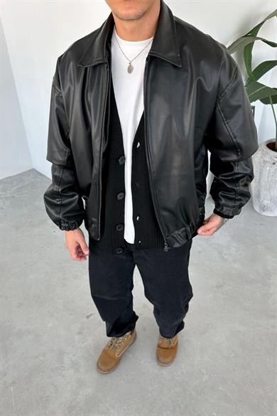Siyah Beli Lastikli Oversize Deri Ceket