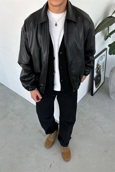 Siyah Beli Lastikli Oversize Deri Ceket