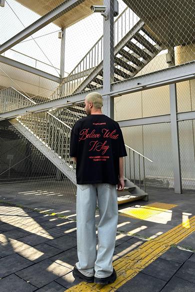 Siyah Believe What OUTPLENTY PREMİUM Oversize Tişört