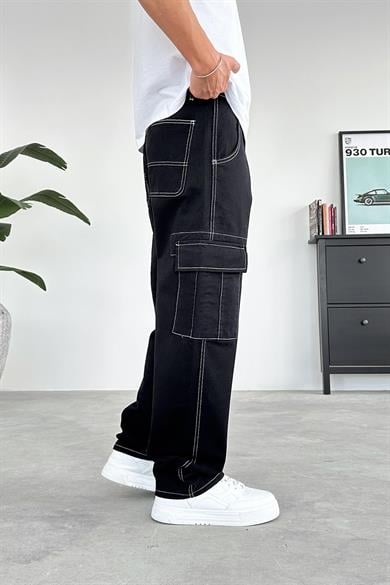 Siyah Beyaz Dikiş Kargo Baggy Pantolon