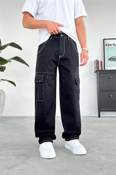 Siyah Beyaz Dikiş Kargo Baggy Pantolon