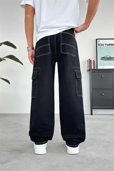 Siyah Beyaz Dikiş Kargo Baggy Pantolon