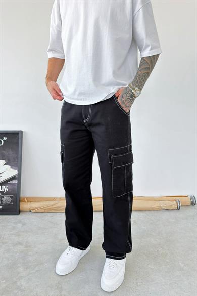 Siyah Beyaz Dikiş Kargo Baggy Pantolon