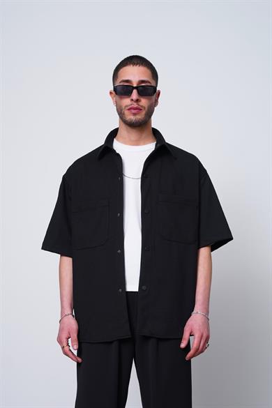 Siyah Beyaz Ön Cep Detay Basic ZA Oversize Gömlek