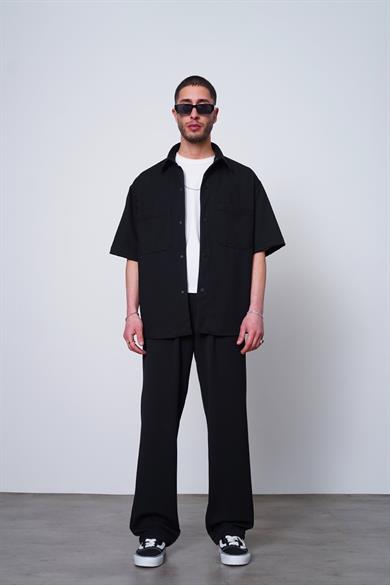 Siyah Beyaz Ön Cep Detay Basic ZA Oversize Gömlek
