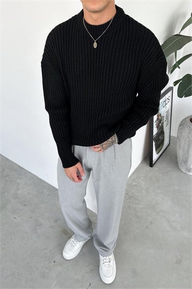 Siyah Bisiklet Yaka Fitilli Oversize Triko Kazak