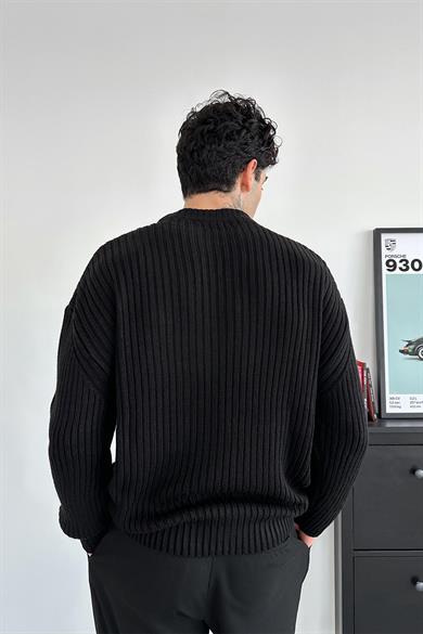 Siyah Bisiklet Yaka Fitilli Oversize Triko Kazak