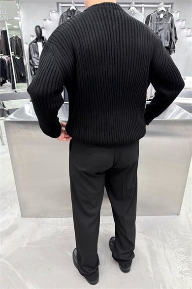 Siyah Bisiklet Yaka Fitilli Oversize Triko Kazak