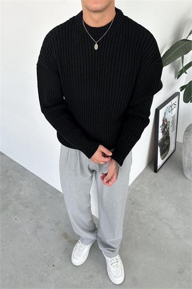 Siyah Bisiklet Yaka Fitilli Oversize Triko Kazak