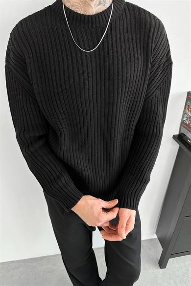 Siyah Bisiklet Yaka Fitilli Oversize Triko Kazak