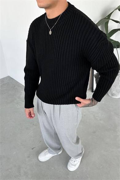 Siyah Bisiklet Yaka Fitilli Oversize Triko Kazak