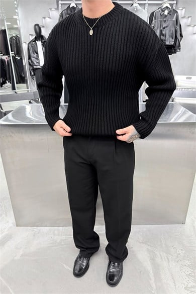 Siyah Bisiklet Yaka Fitilli Oversize Triko Kazak
