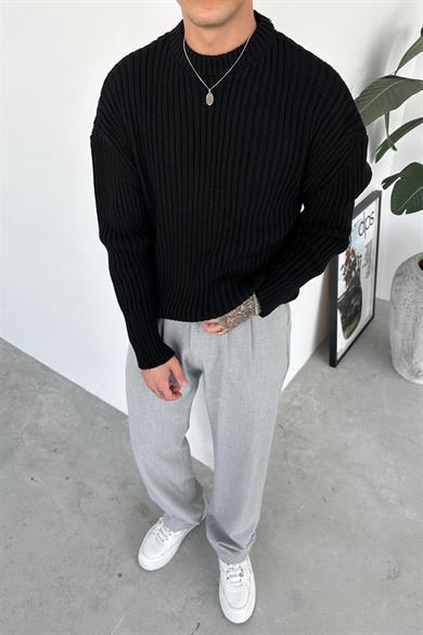 Siyah Bisiklet Yaka Fitilli Oversize Triko Kazak