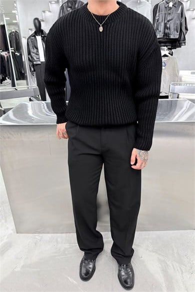 Siyah Bisiklet Yaka Fitilli Oversize Triko Kazak