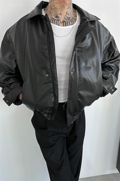 Siyah Bomber Oversize Deri Ceket