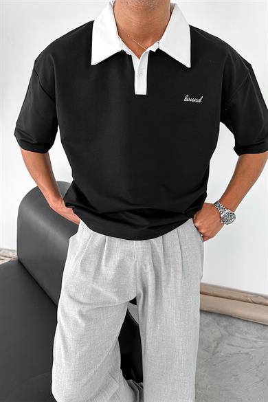 Siyah Bound Polo Yaka OUTPLENTY PREMİUM Oversize Tişört