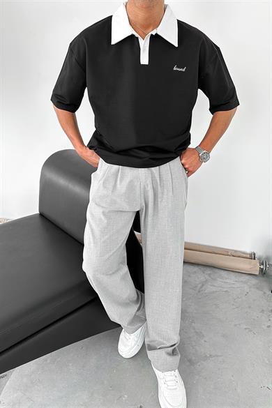 Siyah Bound Polo Yaka OUTPLENTY PREMİUM Oversize Tişört