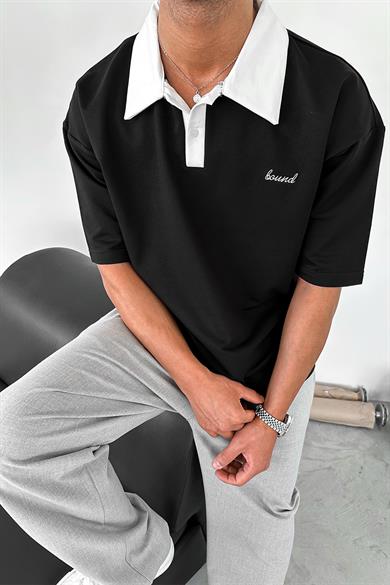 Siyah Bound Polo Yaka OUTPLENTY PREMİUM Oversize Tişört