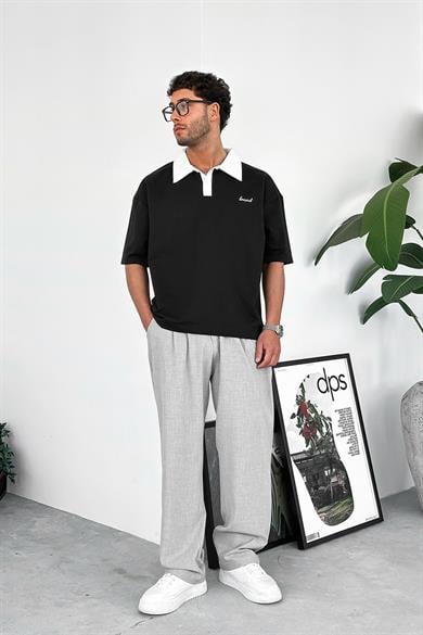Siyah Bound Polo Yaka OUTPLENTY PREMİUM Oversize Tişört