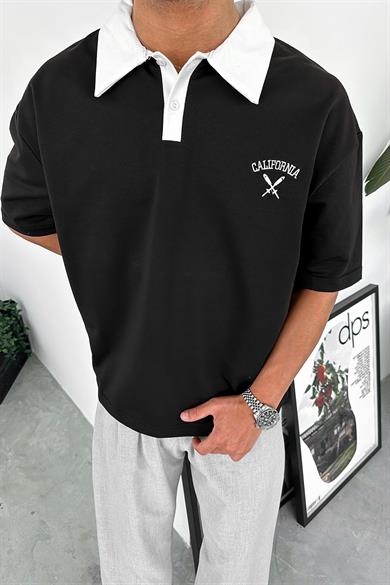 Siyah California Polo Yaka OUTPLENTY PREMİUM Oversize Tişört