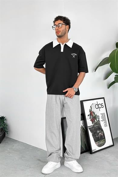 Siyah California Polo Yaka OUTPLENTY PREMİUM Oversize Tişört