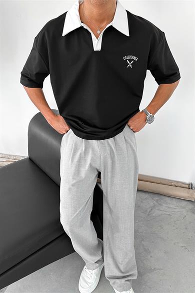 Siyah California Polo Yaka OUTPLENTY PREMİUM Oversize Tişört