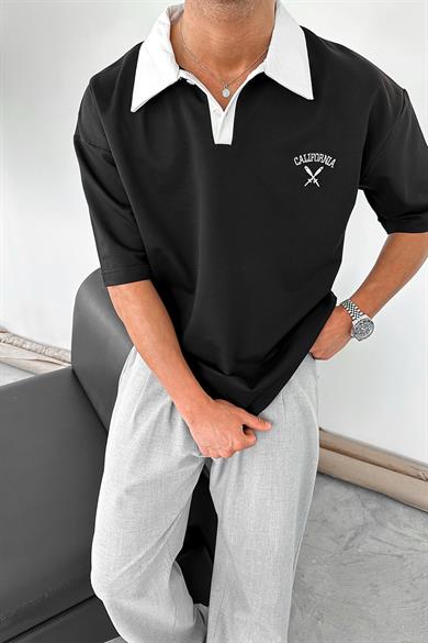Siyah California Polo Yaka OUTPLENTY PREMİUM Oversize Tişört