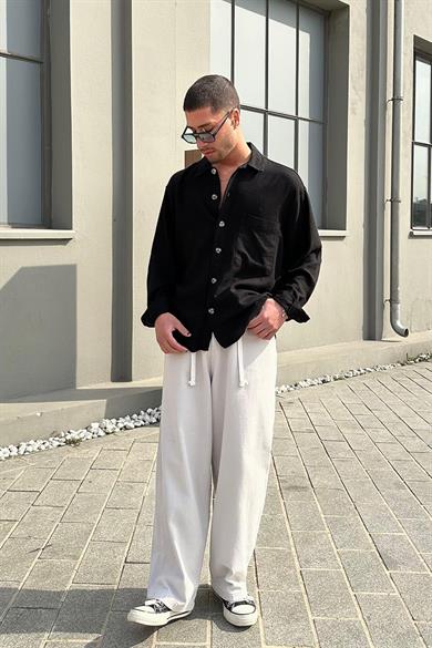 Siyah Cep Detaylı 030 GO Relax Fit Keten Gömlek