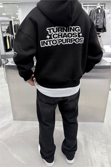 Siyah Chaos Baskılı Tam Fermuarlı Oversize Sweatshirt