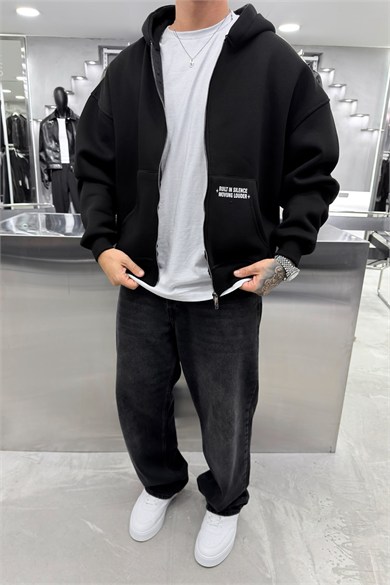 Siyah Chaos Baskılı Tam Fermuarlı Oversize Sweatshirt