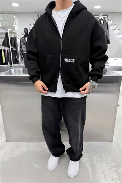 Siyah Chaos Baskılı Tam Fermuarlı Oversize Sweatshirt