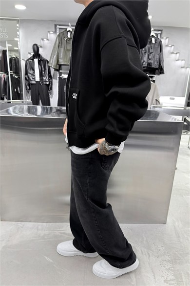 Siyah Chaos Baskılı Tam Fermuarlı Oversize Sweatshirt
