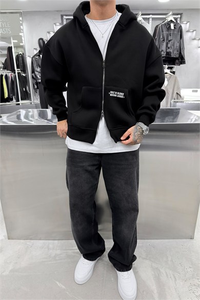 Siyah Chaos Baskılı Tam Fermuarlı Oversize Sweatshirt