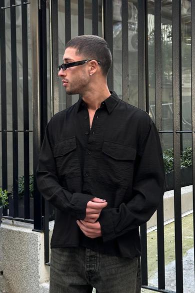 Siyah Çift Cepli A8 GO Boxy Fit Oversize Keten Gömlek