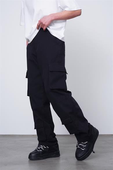 Siyah Çift Kargo Cepli 02B DL Paçası Ayarlanabilir Baggy Pantolon