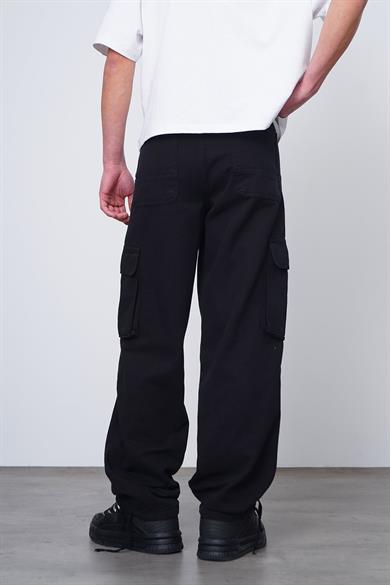 Siyah Çift Kargo Cepli 02B DL Paçası Ayarlanabilir Baggy Pantolon