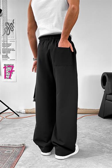Siyah Çimalı Beli Lastikli Baggy Kumaş Pantolon