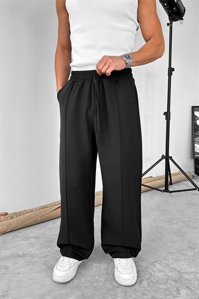 Siyah Çimalı Beli Lastikli Baggy Kumaş Pantolon