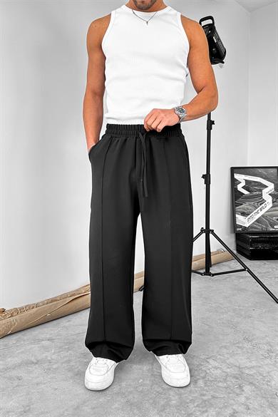 Siyah Çimalı Beli Lastikli Baggy Kumaş Pantolon