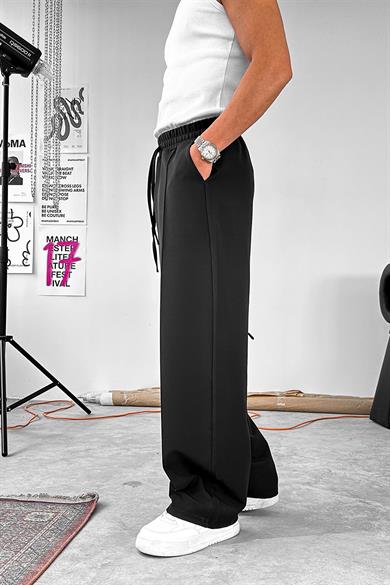 Siyah Çimalı Beli Lastikli Baggy Kumaş Pantolon