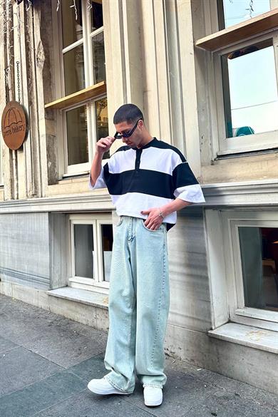 Siyah Çizgili Düğmeli Yakasız BS Oversize Tişört
