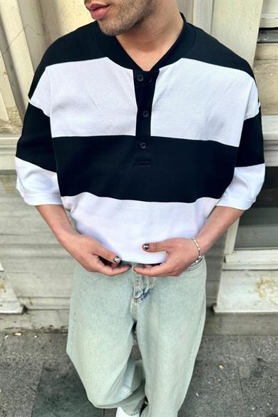 Siyah Çizgili Düğmeli Yakasız BS Oversize Tişört