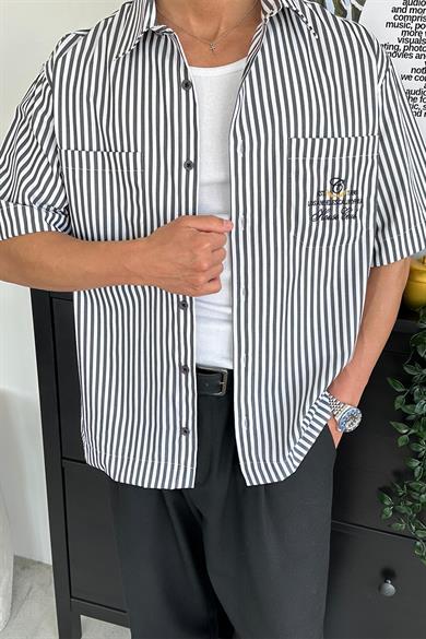 Siyah Çizgili Los Angeles Nakış Oversize Gömlek