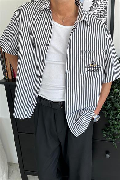 Siyah Çizgili Los Angeles Nakış Oversize Gömlek